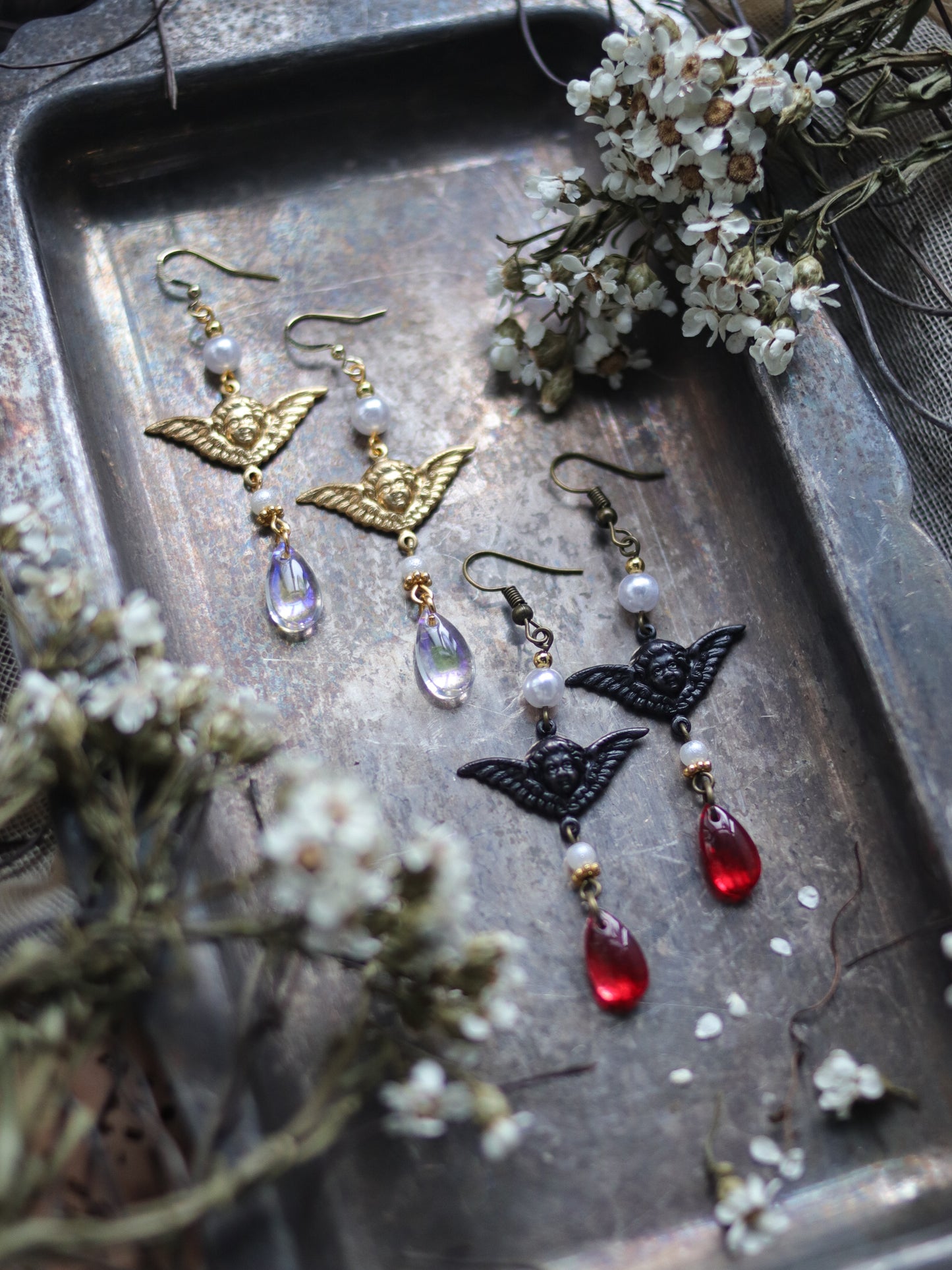 Vintage style earrings - light and dark angel