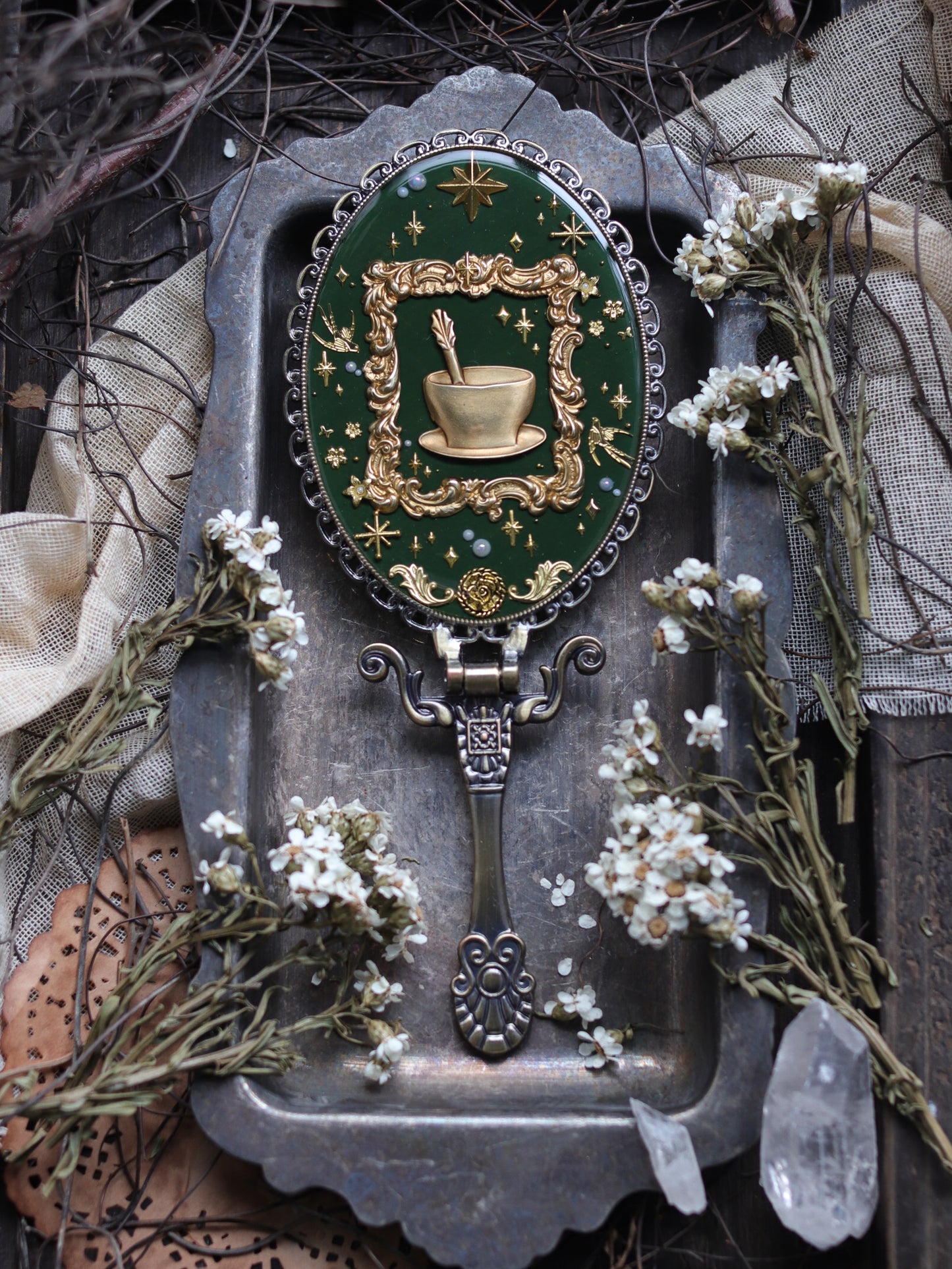 Vintage style hand mirror - Forest tea party
