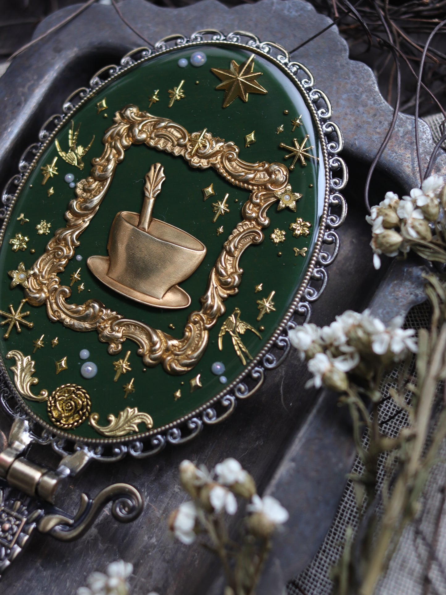 Vintage style hand mirror - Forest tea party