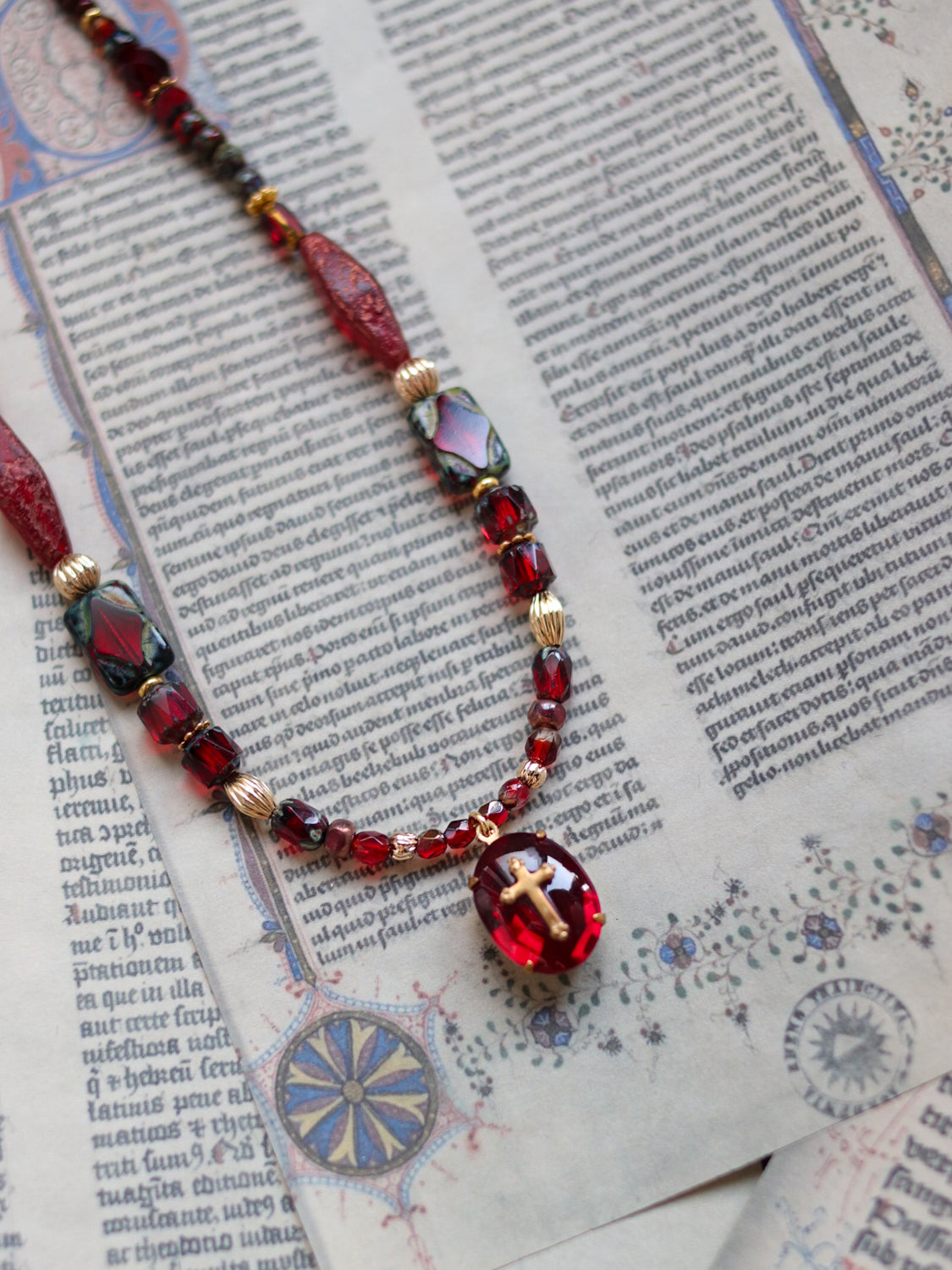 Czech glass bead necklace - Dark red cross
