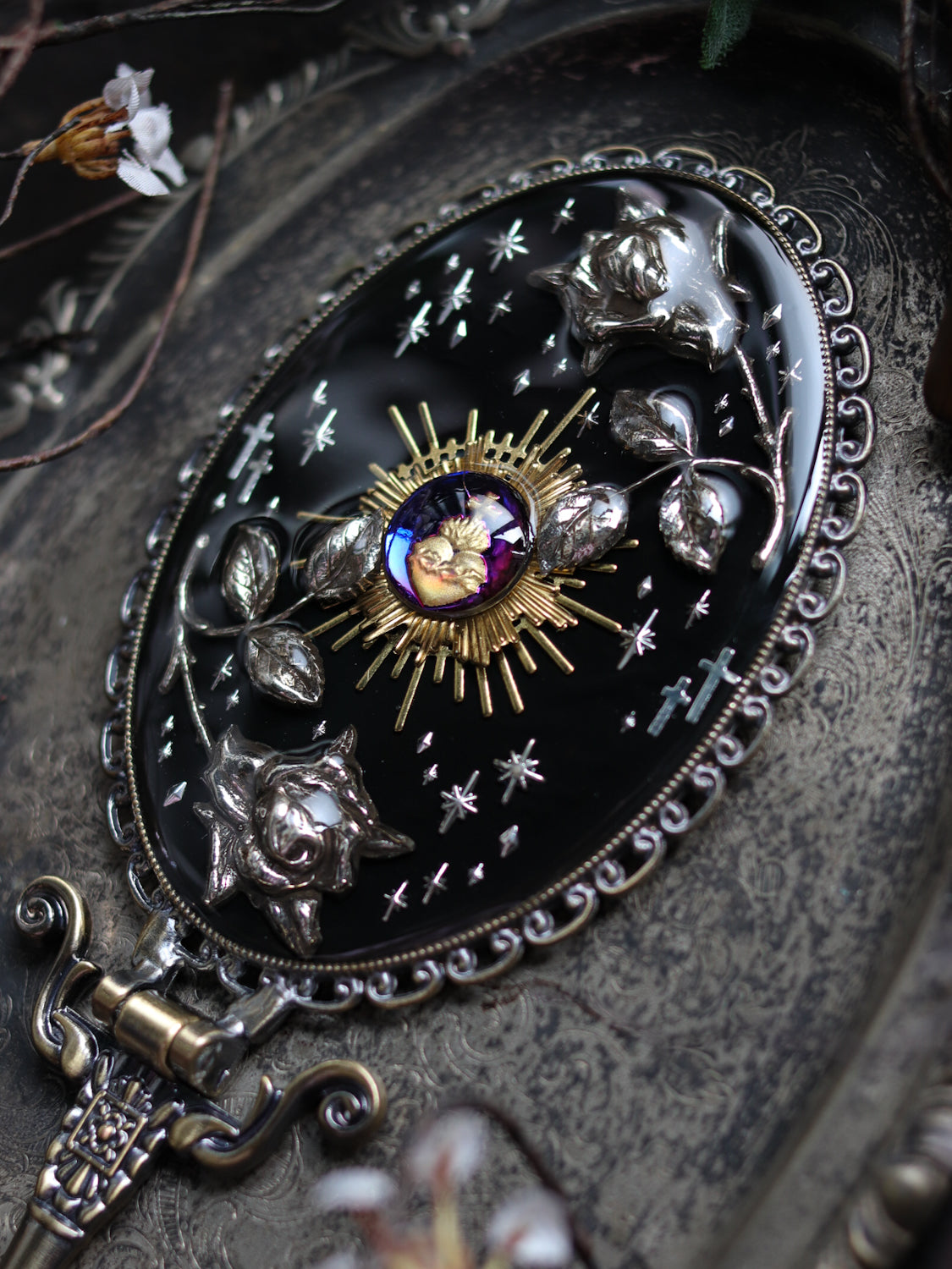 Vintage style hand mirror - Rose and Holy Light