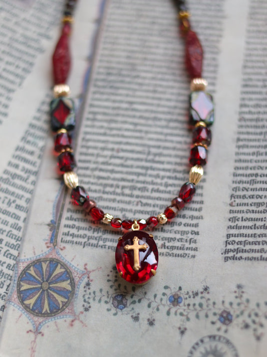 Czech glass bead necklace - Dark red cross