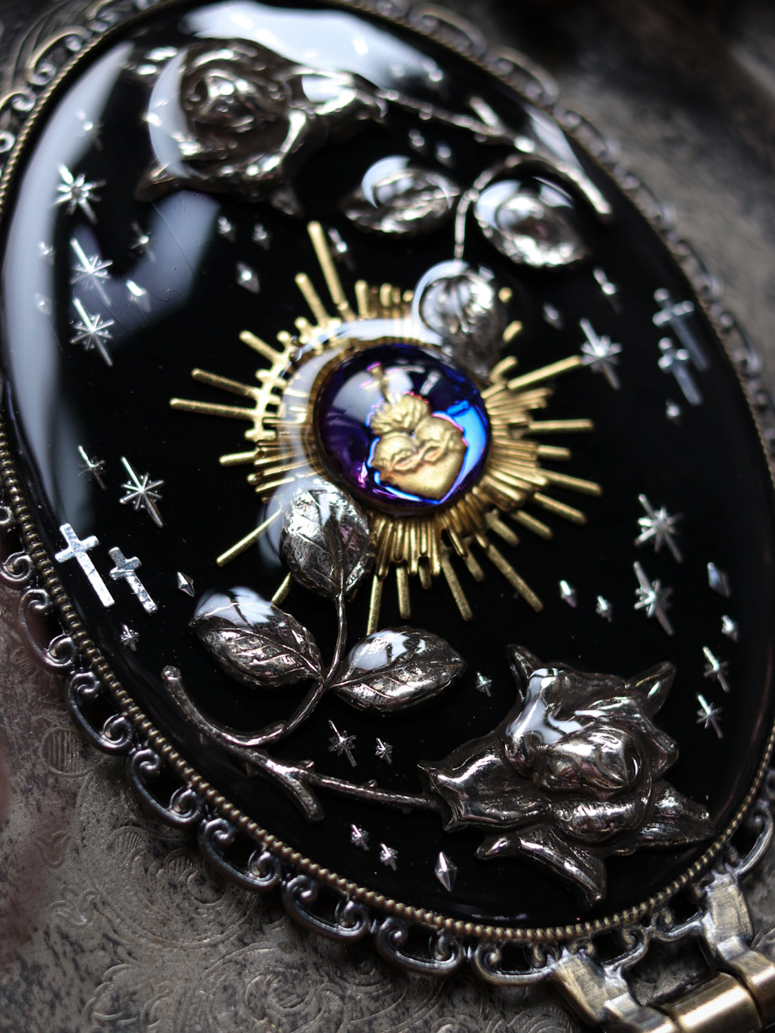 Vintage style hand mirror - Rose and Holy Light