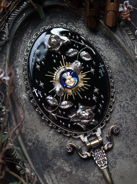 Vintage style hand mirror - Rose and Holy Light