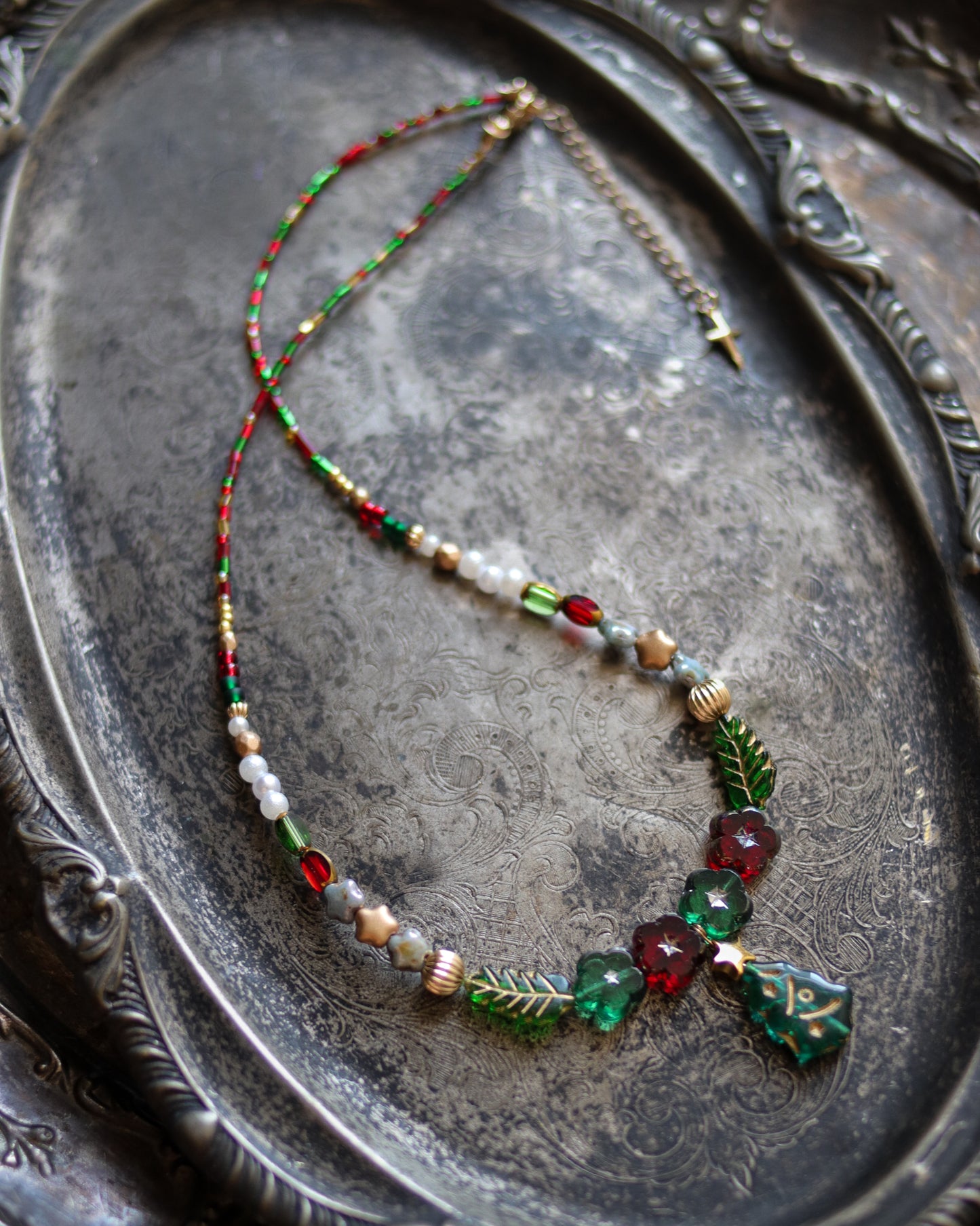 Czech glass bead necklace - Christmas tree