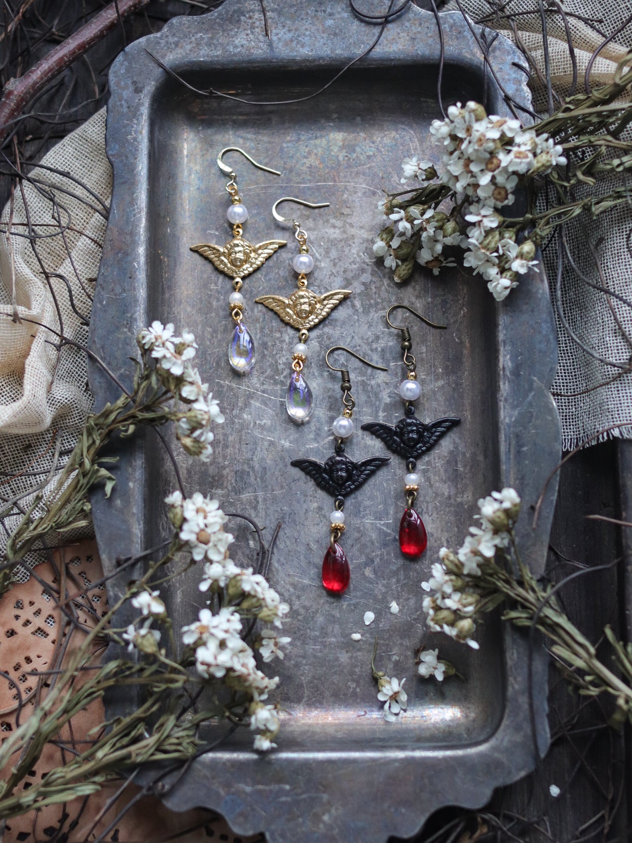 Vintage style earrings - light and dark angel