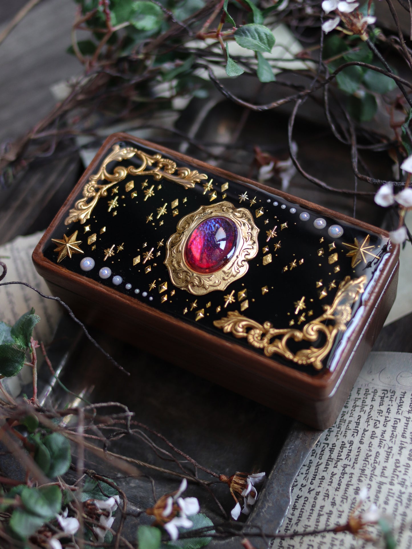 Vintage style walnut jewelry box - Midnight Star Dream