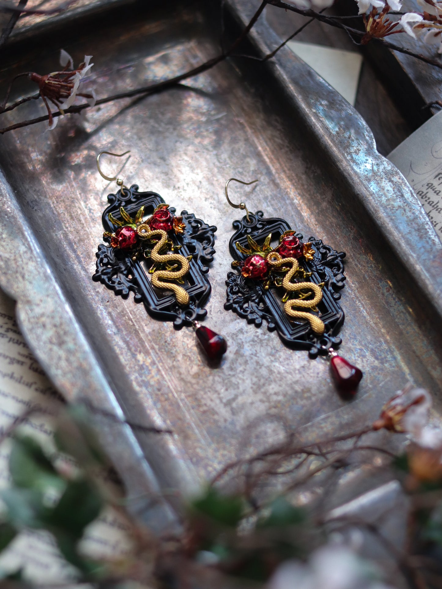 Vintage style earrings - Pomegranate and snake