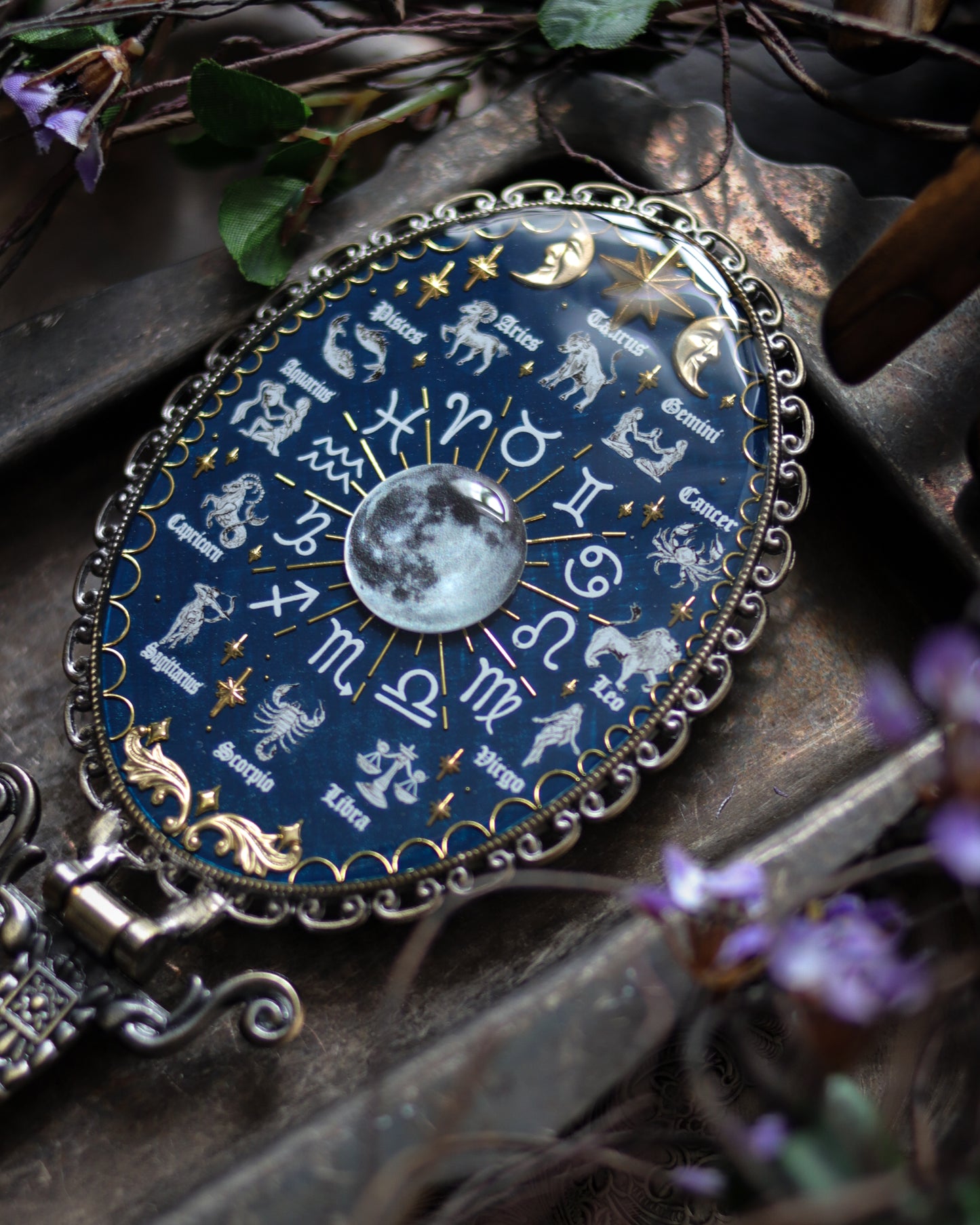 Vintage style hand mirror - Moon and constellations