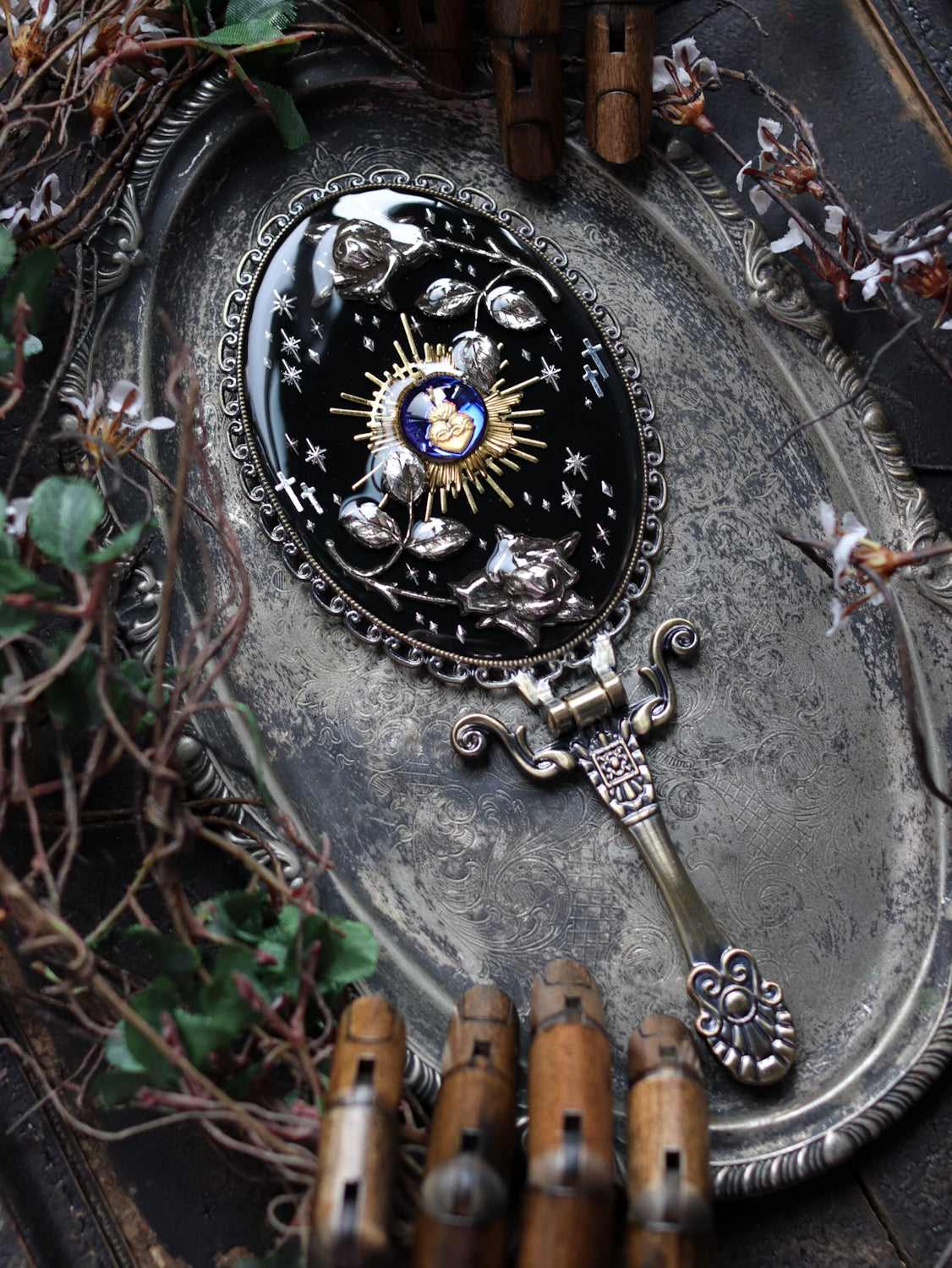 Vintage style hand mirror - Rose and Holy Light