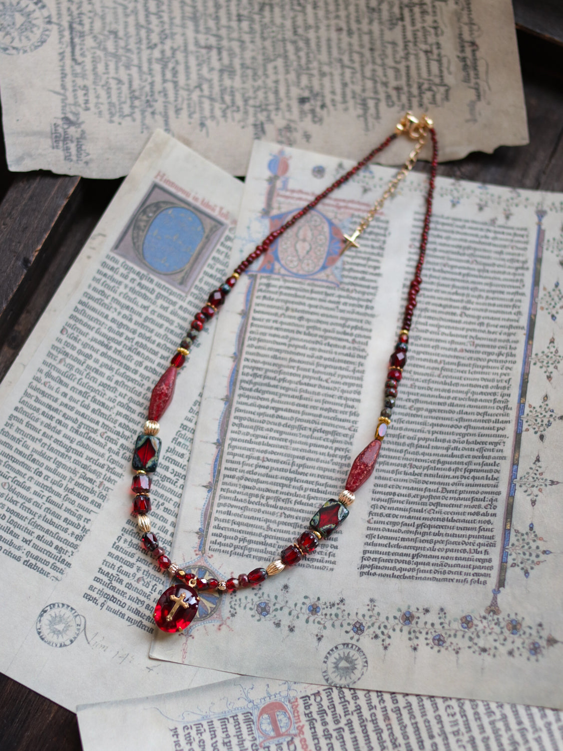 Czech glass bead necklace - Dark red cross