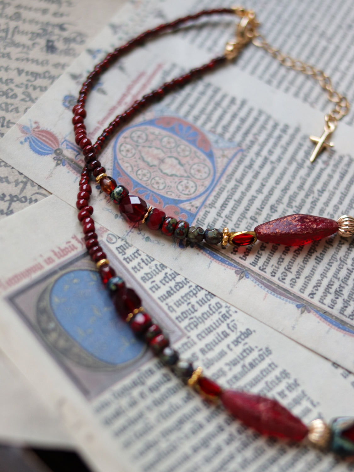 Czech glass bead necklace - Dark red cross