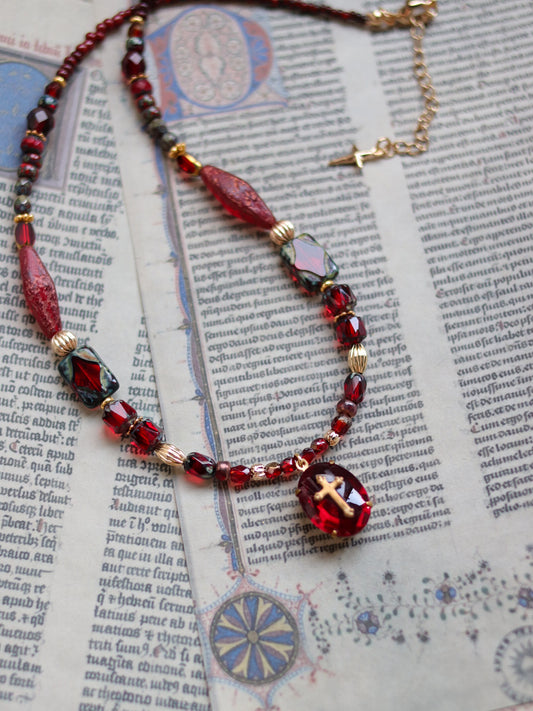 Czech glass bead necklace - Dark red cross