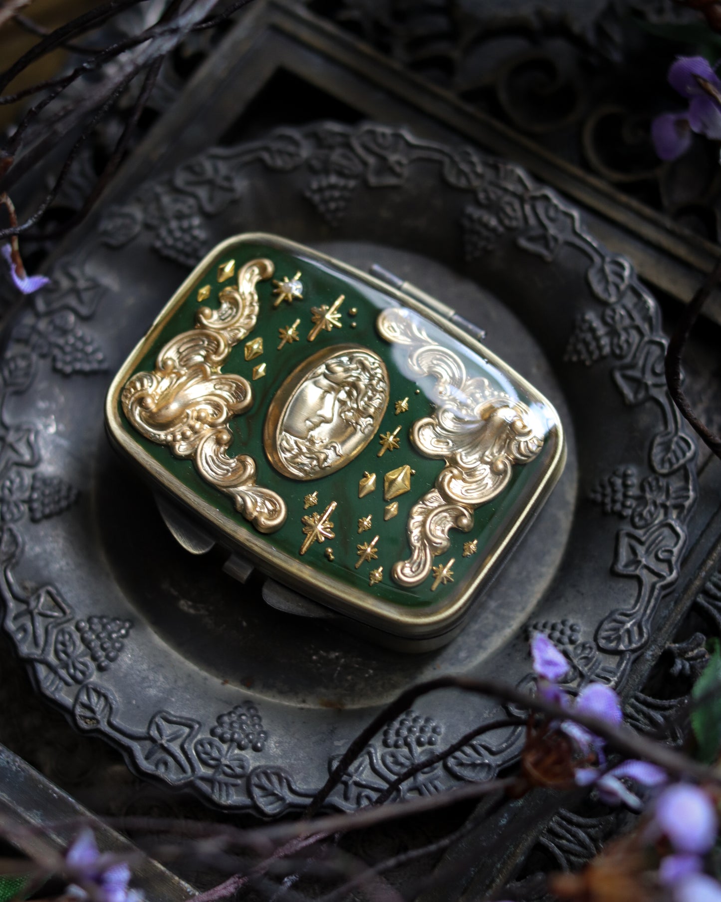 Vintage style mini jewelry pill box - Goddess Of Green