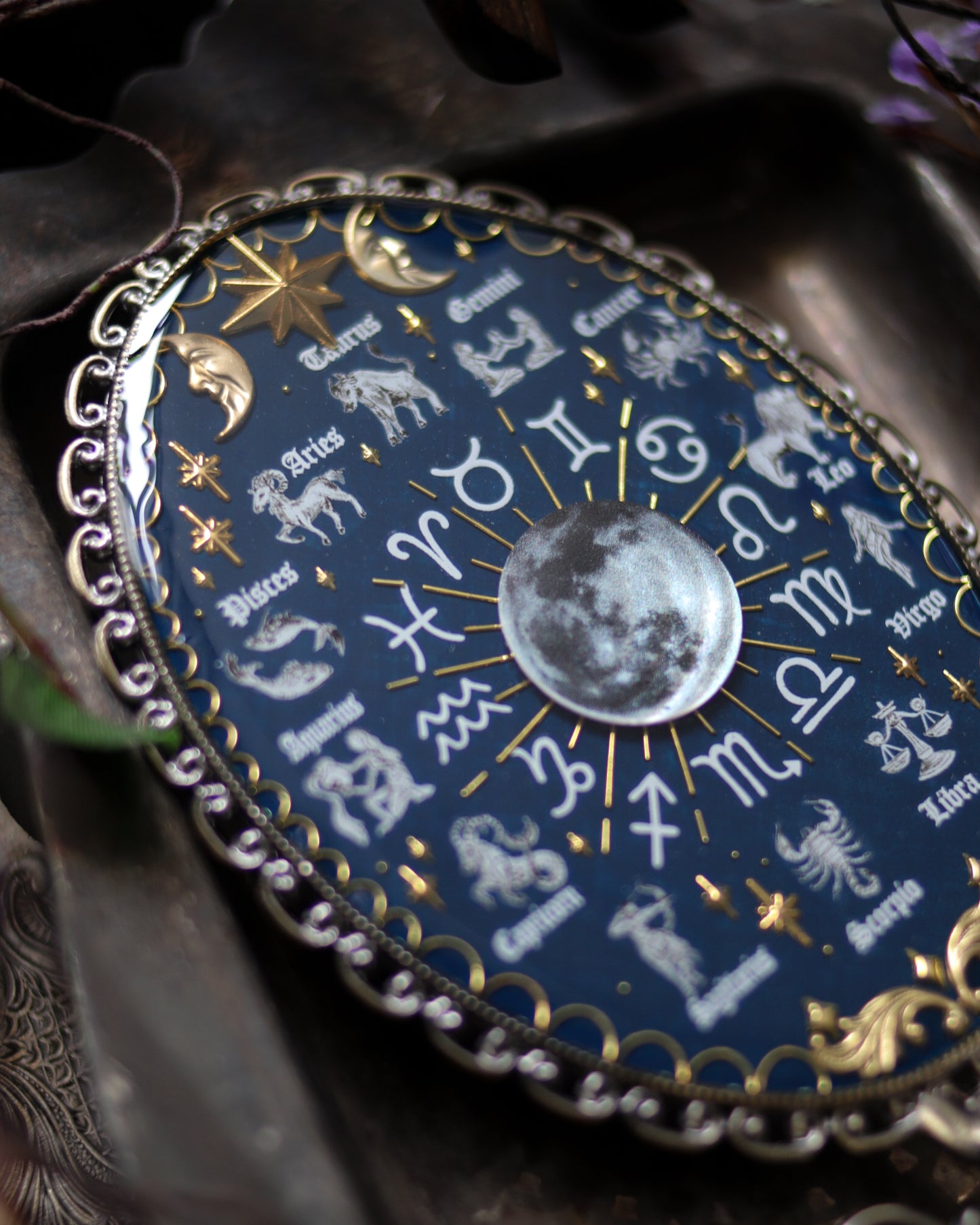 Vintage style hand mirror - Moon and constellations