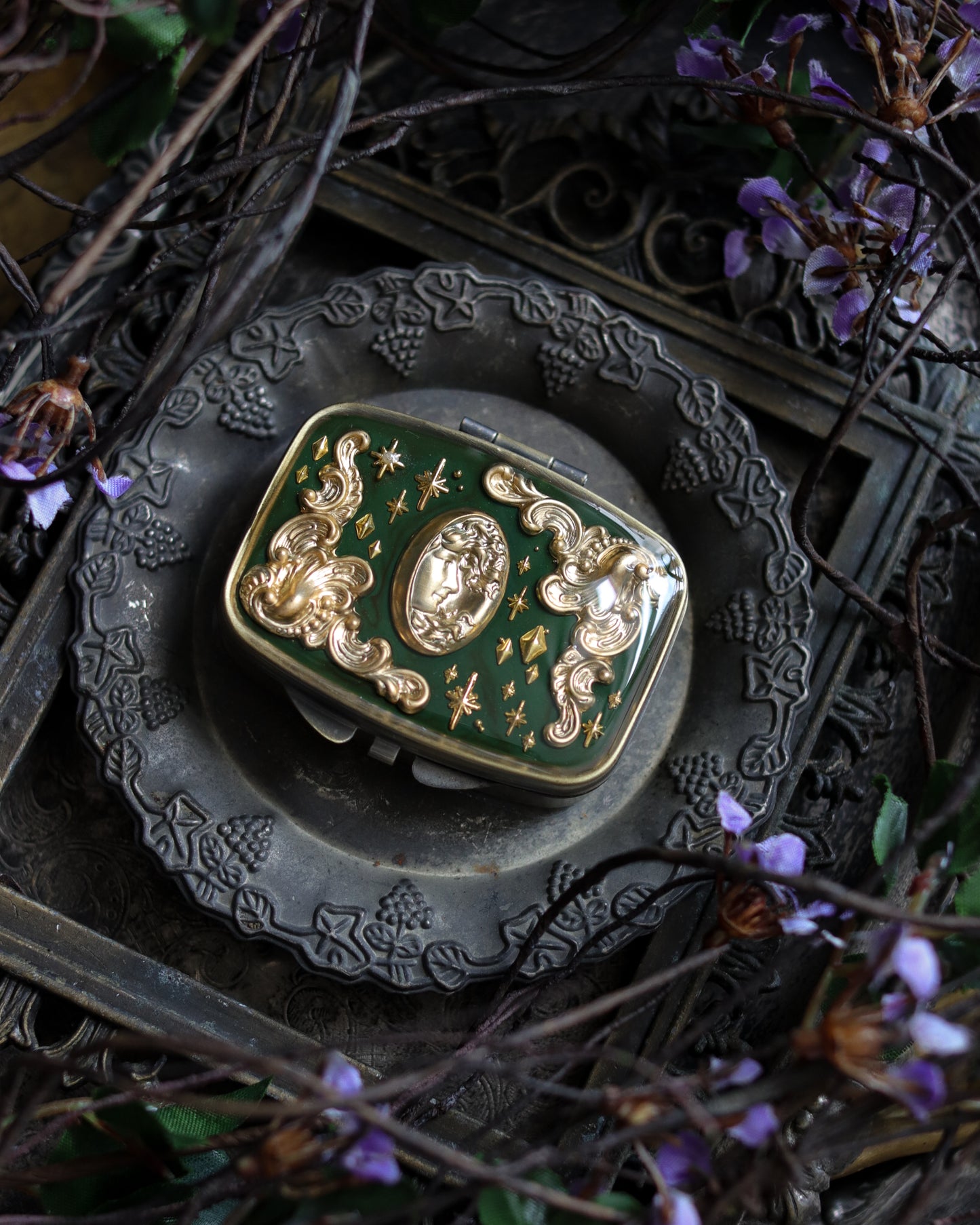 Vintage style mini jewelry pill box - Goddess Of Green