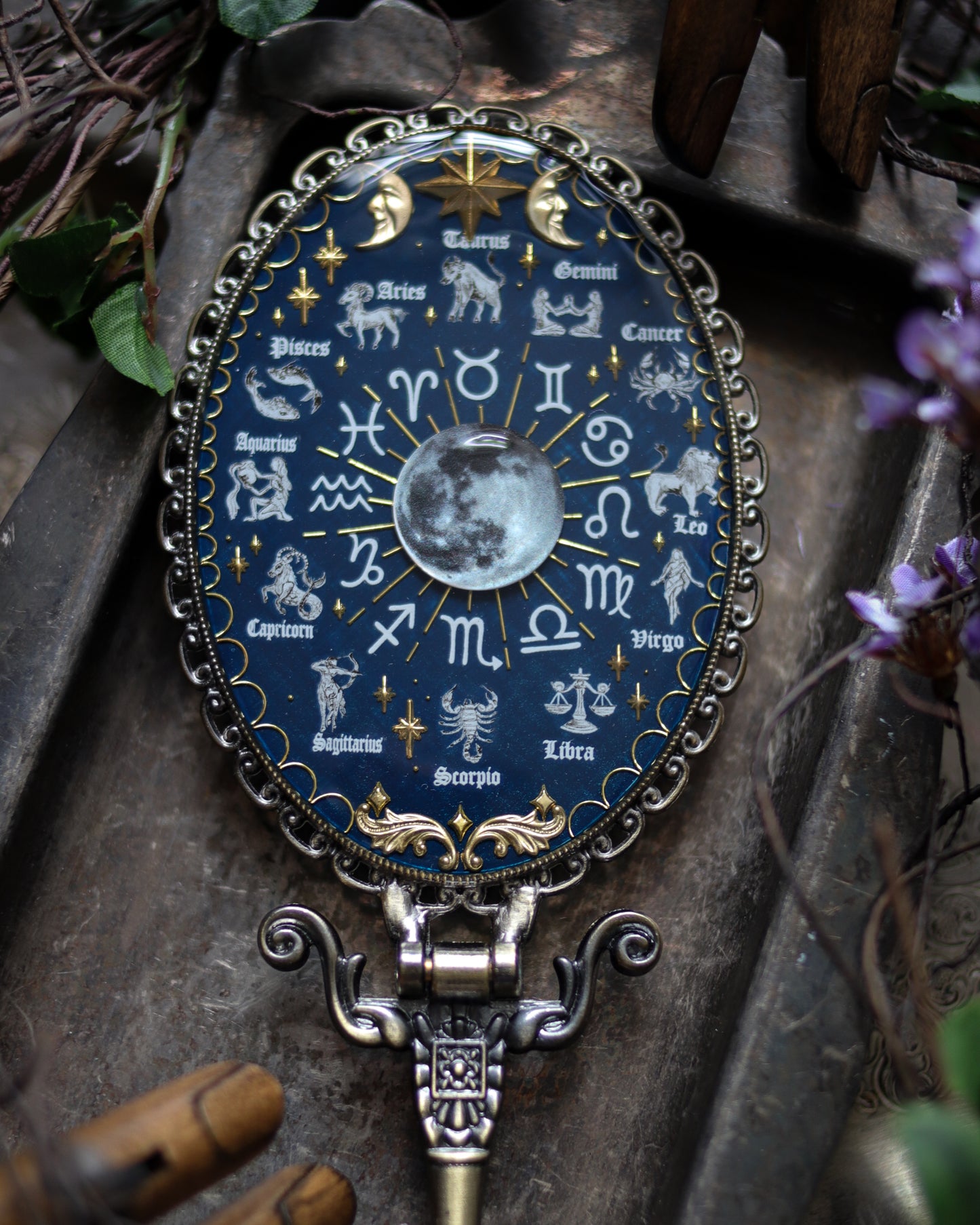 Vintage style hand mirror - Moon and constellations