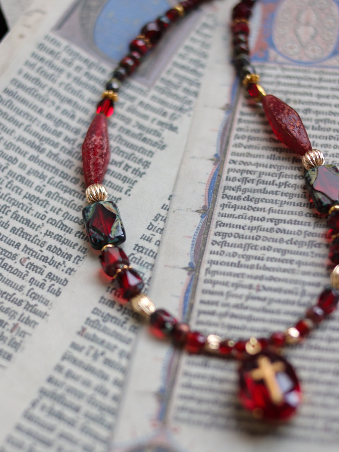 Czech glass bead necklace - Dark red cross