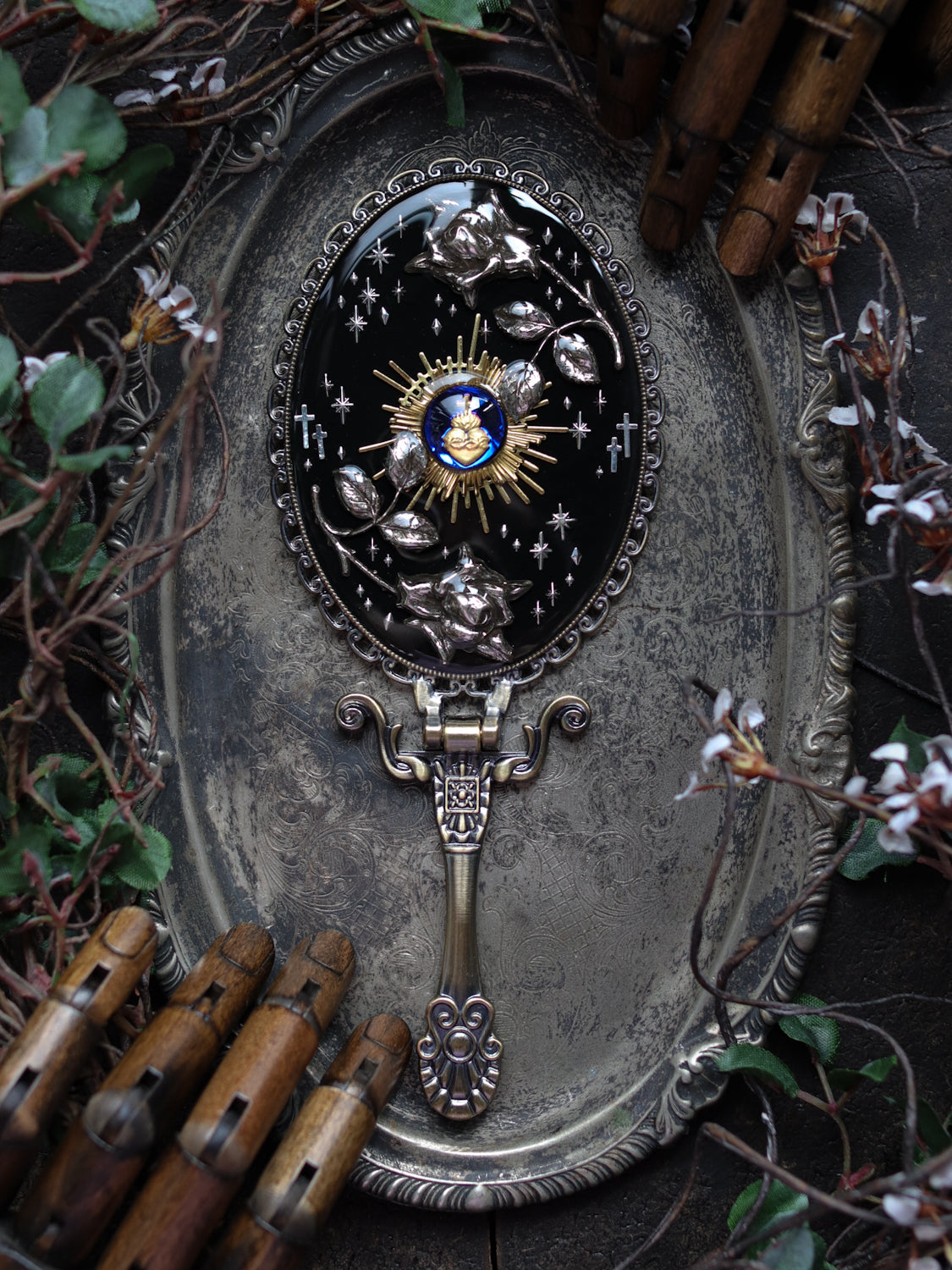 Vintage style hand mirror - Rose and Holy Light